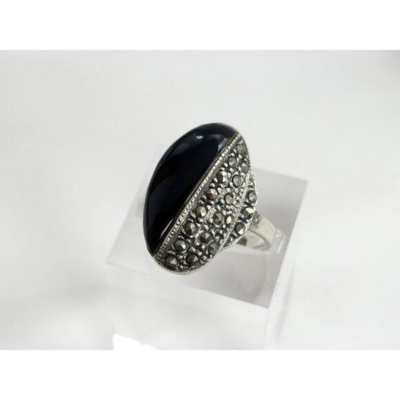 Sterling Silver Black Onyx & Marcasite Yin Yang Vintage Art Deco Ring - sz 7.75 - Picture 3 of 9